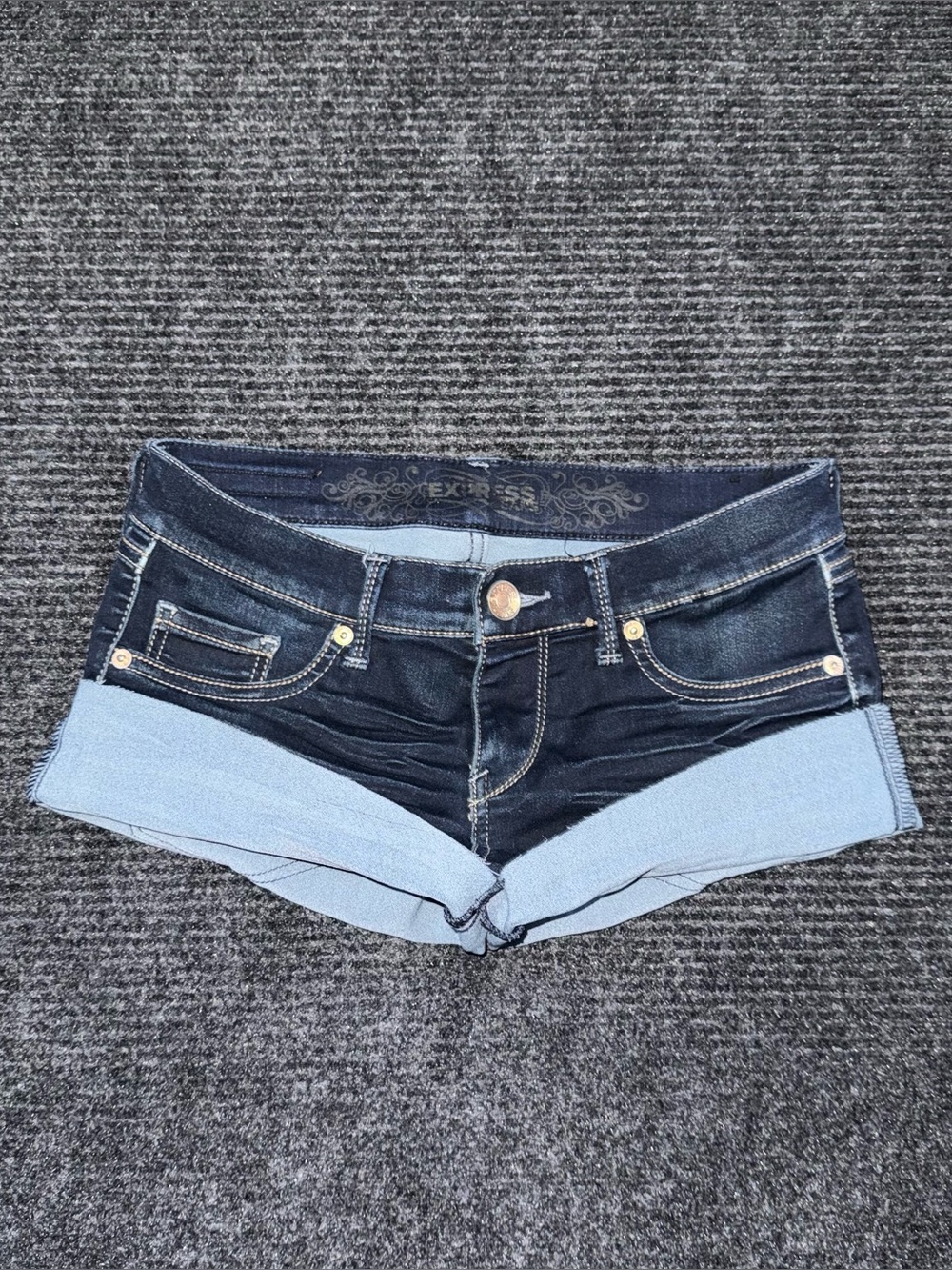 Vintage y2k Express Low Rise Micro Mini Jean Booty Shorts Dark Wash Sz 0 / 27”